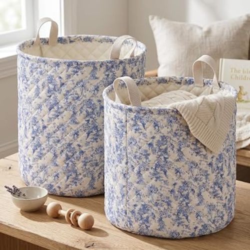 Floral Quilted Block Print Baby & Kids Nursery Storage Bin Basket Soft Quilted, Collapsible, Machine Washable Laundry Bag, Toy Storage, Diaper Caddy, Accessory Organizer, Baby Gift (Blue)