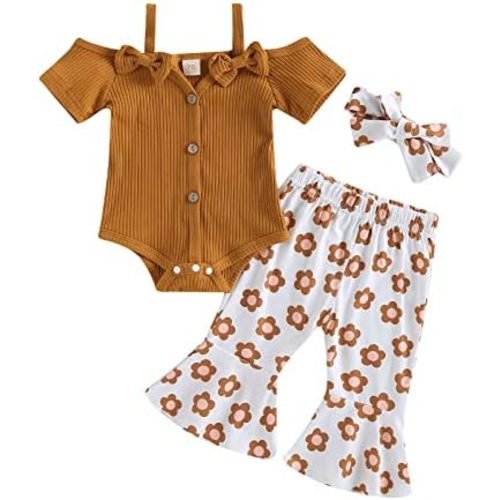 Lefyira Cow Print Bell Bottoms Outfits Toddler Girl Short Sleeve Romper Rib Knit Button Bodysuit Flare Pants Clothes Summer