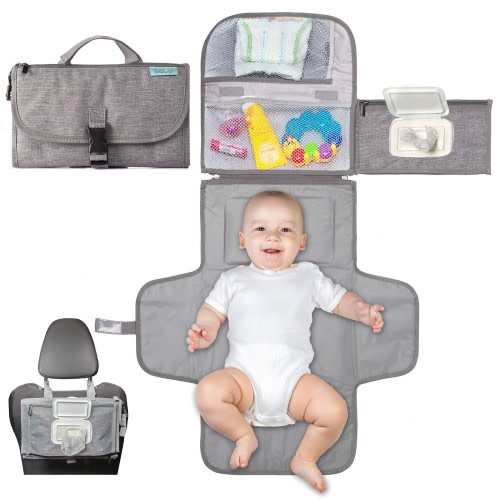 Kopi Baby Portable Diaper Changing Pad - Baby Diaper Changer Travel Bag with Wipes Pocket, Smart Design Portable Changing Mat, Infant Travel Station Kit, Gift for Newborn Girl & Boy - Grey, Classic