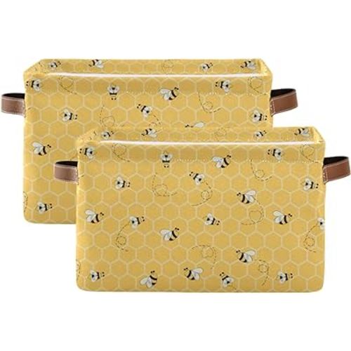 Storage Basket Cute Animal Bee Collapsible Storage Bins Canvas Fabric Baskets for Organizing Toy with Handle for Bedroom Nursery Office, 2PCS