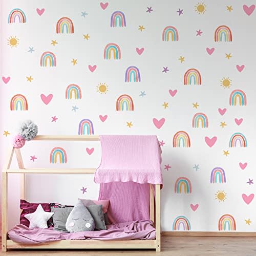 Epakh Rainbow Wall Decor Stickers Small Rainbow Decal Watercolor Heart Star Sun Wall Stickers Decor for Girls Boys Baby Bedroom Nursery(Classic Color)