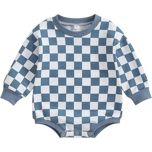 Karuedoo Baby Boy Girl Checkered Sweatshirt Romper Oversized Long Sleeve Bubble Romper Top Neutral Baby Fall Clothes