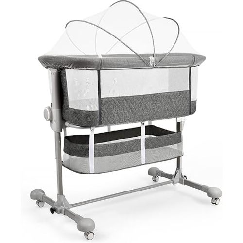 Maydolly Baby Bassinets Bedside Sleeper, Bedside Crib 3 in 1 Adjustable Travel Baby Bed with Breathable Net and Mattress, Easy Folding Portable Bassinet for Newborn Infant (Dark Grey)