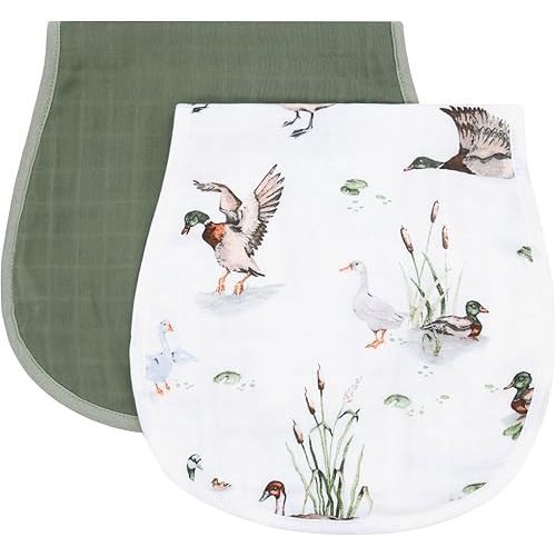 LifeTree Muslin Baby Burp Cloths - 2 Pack 70% Viscose from Bamboo and 30% Cotton Large 22'' by 10'' Absorbent Milk Spit Up Rags - Burping Cloths for Newborn, Girls Boys, MallardDuck & Olive