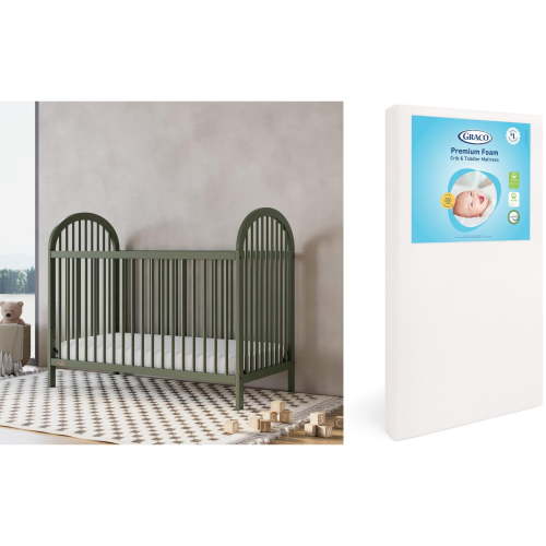 Graco Olivia 3-in-1 Convertible Crib and Premium Crib & Toddler Mattress Bundle, Olive
