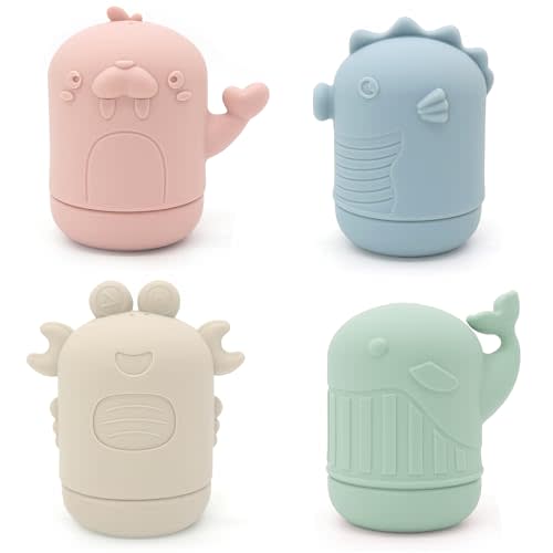 Ginbear Silicone Baby Bath Toys, Mold Free Squirty Bath Toy for Toddlers, Preschool Bath Toys for Infants, Non-Toxic Bathtub Toys for Babies 6 Months+ (Pack of 4)