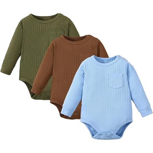ROMPERINBOX Newborn Onsies Boy Girl 3 Pack Rib Knit Baby Bodysuit Solid Color Striped Short/Long Sleeve for Unisex