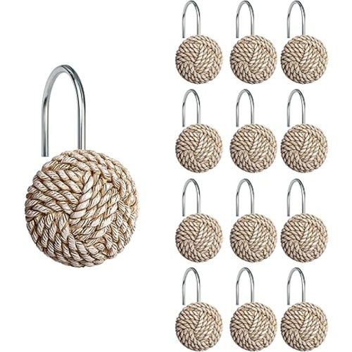 Sunlit Boho Knots Shower Curtain Hooks, Home Decorative Shower Curtain Rings for Bathroom, Seaside Nautical Shower Curtain Hangers Bathroom Accessories, Set of 12