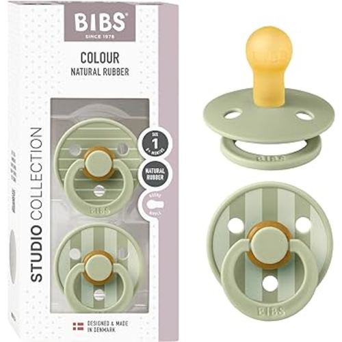 BIBS Pacifiers - Colour Studio 2 Pack | Round Nipple Baby Pacifier | BPA Free Natural Rubber Latex Soother | Made in Denmark | Size 0+ Months | Pin Sage