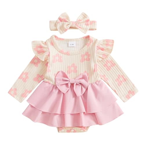 Ursobutegl Newborn Baby Girl Outfit Floral Ribbed Knit Ruffle Long Sleeve Romper Dresses Jumpsuit Bodysuit Headband Clothes