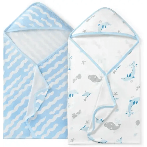 Momcozy Baby Towel with Hooded-Original Design Baby Towel Set -Soft & Absorbent- Shower Gifts or Bath Essential for Infant, Newborn, Toddler, Marine Sea Whale Seal Waves Magic