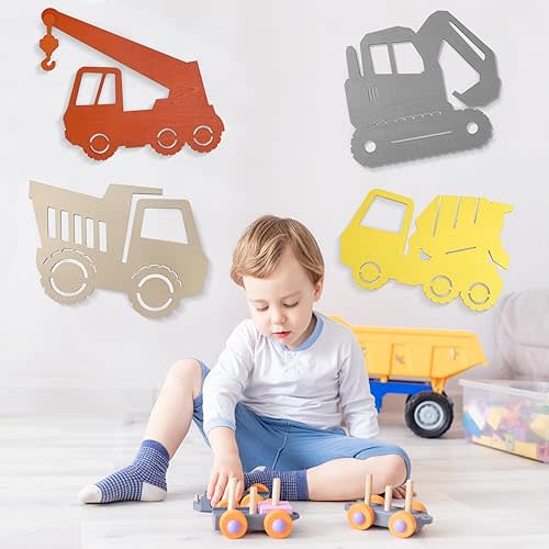 Construction Vehicles Nursery Decor Toddler Boy Room Decor, Wooden Car Transportation Wall Decor for Boys, Ideal for Kids' Room, Nursery, Playroom, 4 PCS