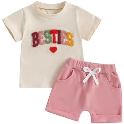 Baby Girl Summer Clothes Heart Letter Embroidered Short Sleeve T-shirt Top Elastic Waist Shorts Toddler Outfits
