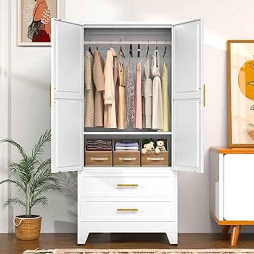Metal Wardrobe Cabinet with Hanging Rod, 71" Metal Clothing Storage Cabinets with 2 Door, 1 Adjustable Shelf and 2 Drawers, Steel Armoire Wardrobe Closet for Bedroom, Gym, Cloak Room (White)