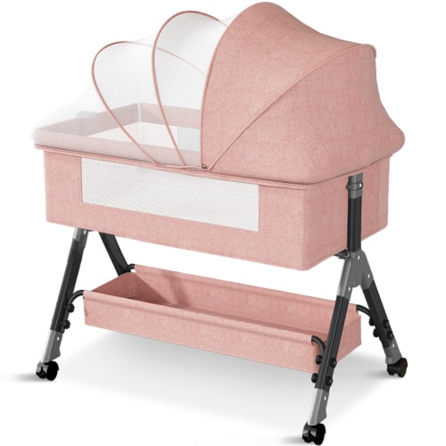 Baby Bassinet, Adjustable Baby Bedside Sleeper Bassinet with 360°Wheel, Baby Cradle for Infant,0-6 Months,Pink