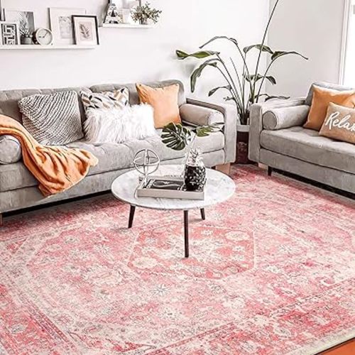 MUJOO 8x10 Area Rugs Pink Rugs for Living Room Girls Boho Rugs for Bedroom Washable Rug Large Non Slip Throw Carpet for Bedside Dining Room Indoor Soft Light Pink Floral Home Decor