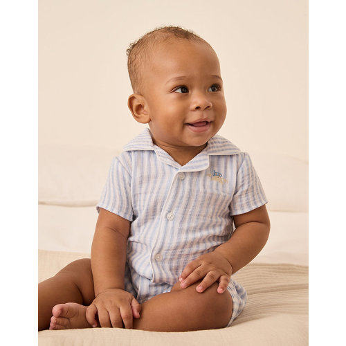 Organic Crinkle Cotton Stripe Crab Embroidered Shortie (0–9mths) | Baby Sleepwear | The White Company US