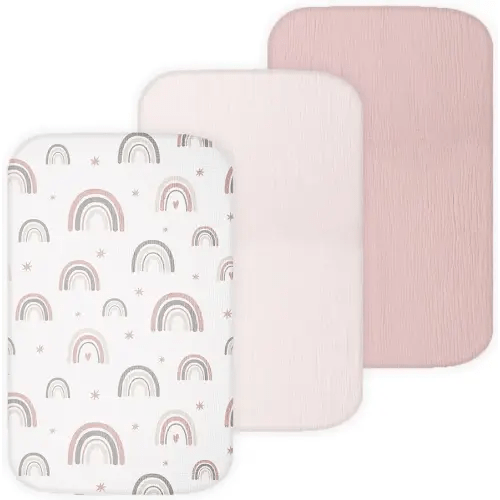 TansyPanda Muslin Bassinet Sheets for Bellababy, Fodoss, KoolerThings, Besrey, Koola Baby Bedside Sleeper, 3 Pack, 20×33 in, Ultra Soft, Breathable, Snug Fit, Unisex Boys and Girls, Pink Rainbow