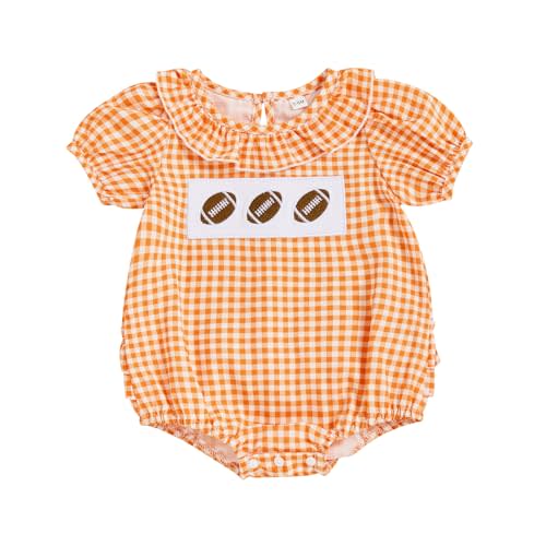 CEHEDDO Newborn Baby Girl Football Outfit Smocked Bubble Romper Rugby Short Sleeve Plaid Bodysuit Infant Summer Clothes