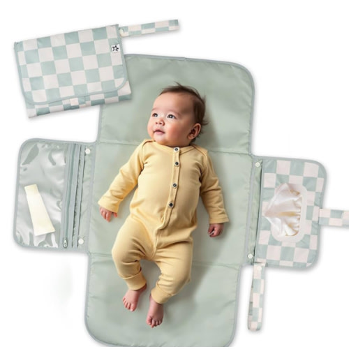 Tiny Twinkle Portable Diaper Changing Pad-Foldable Waterproof Changing Mat&Portable Changing Pad for Travel,Baby Changing Station with Smart Wipes Pocket&Storage (Sage Checkers)