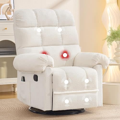 Korser 360° Swivel Rocker Recliner Chair, Rocking Chair Nursery with Massage and Heat, Small Recliners for Small Space, Manual Reclining Chair with Cozy Chenille Fabric, Side Pockets for Living Room