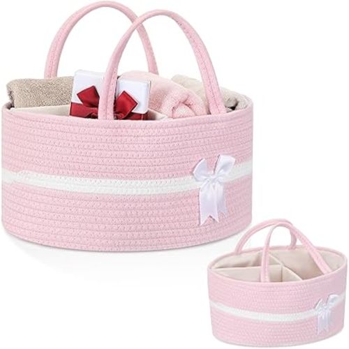 Yinkin 1 Pcs Valentine's Day Woven Large Storage Basket with Handles and Removable Divider Gift Baskets with Bow for Closet Bedroom Nursery Toys Organizing, 14.17 x 8.66 x 7.09 Inches(Pink and White)
