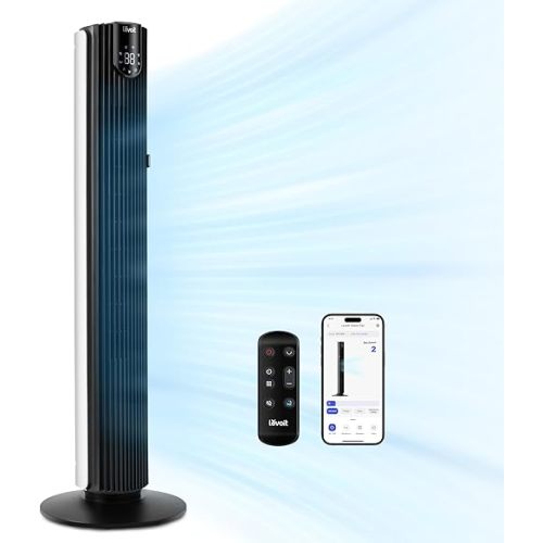 LEVOIT Smart 42 inch Tower Fan for Bedroom, DC motor, Oscillating with Quiet 26ft/s Velocity, 25dB Bladeless Floor Fan for Home Space, 12 Speeds, 4 Modes, 24H Timer with APP, Works with Alexa, Remoter