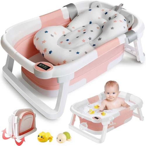 Morfone Collapsible Baby Bathtub for Newborn with Thermometer & Soft Cushion, Portable Travel Baby Tub for Infant to Toddler 0-36 Months, Pink