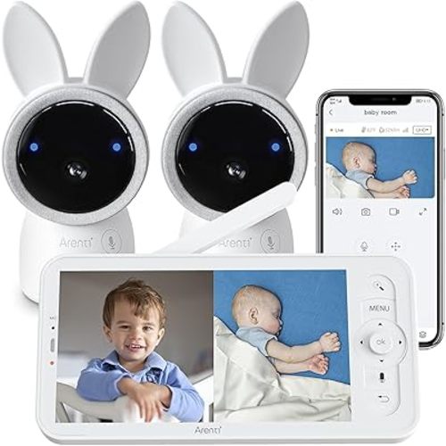 ARENTI Baby Monitor with 2 Cameras, 2K Smart Baby Camera with 5'' Upgraded Wireless Display, Super Night Vision, Breathing Light, Lullabies, Cry&Motion Detection, Temp&Humidity Sensor, 2 Way Audio