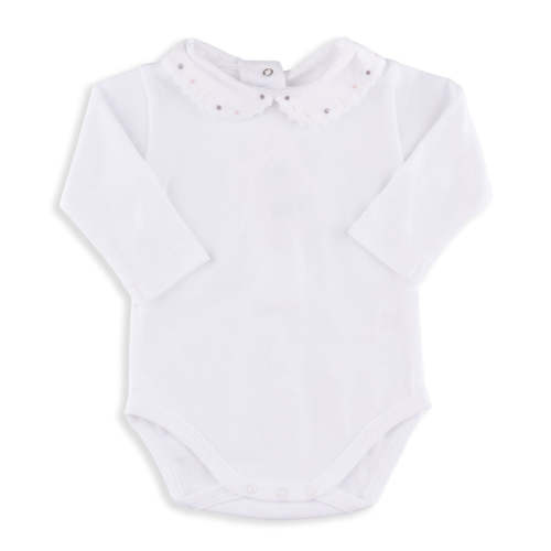 Sterling Swiss White Cotton Bodysuit with Rose & Gray Dot Embroidered Scalloped Collar