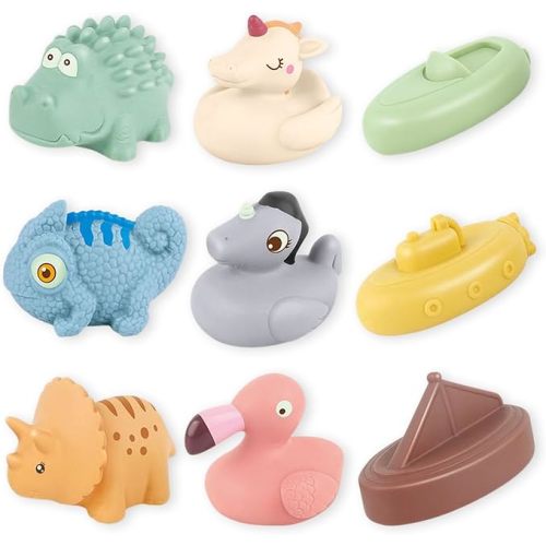 Bath Toys for Babies, 9 Pack Mold Free & No Hole Bath Toys with Rubber Floating Boats & Animals, Toddlers Bathtub Water Play Toys for Baby Gifts