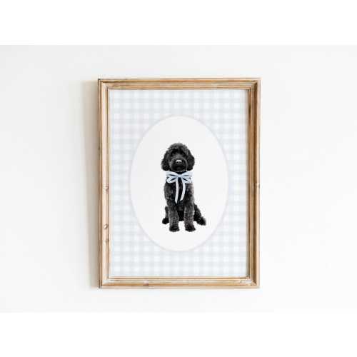 Black Golden Doodle Nursery Decor, Watercolor Dog Print, Baby Boy Nursery, Blue Gingham Wall Print, Classic Blue Bow Art, Doodle Nursery