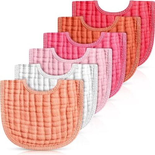 Frienda 6 Pcs Muslin Bibs Burp Cloths for Baby Teething Bandana Bibs 6 Absorbent Layer for Baby Boy Girl Cotton Burping Cloth(Pink Series)