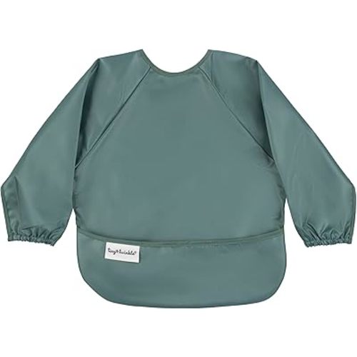 Tiny Twinkle Mess Proof Baby Bib|Waterproof Smock Bib for Eating,Machine Washable Full Sleeve with Pocket(Olive Green, Small 6-24 Months)