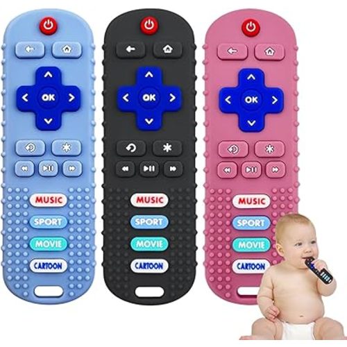 3 Pack Remote Control Shape Silicone Teethers for Babies Chew Toys, Teething Toys for Infant Toddlers,Baby Remote Control Toy (Black&Blue&Pink)