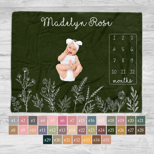 Personalized Wildflower Baby Milestone Blanket, Personalized Baby Month Blanket Vintage Style Botanical Baby Girl Blanket Watercolor Foliage