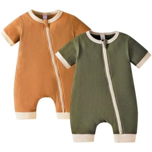 Bafeicao Unisex Baby Boy Girl 2 Pack Rompers Short Sleeve 2 Way Zipper One Piece Jumpsuits Clothes Sets