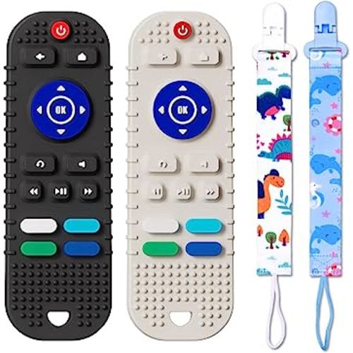 Mgtfbg 2 Pack Soft Silicone Teething Toys for Toddlers, Babies, Boys, Girls, 6-12 Months Baby Remote Control Shape Molar Teether Chew Toys Set Gift(Black+Grey)