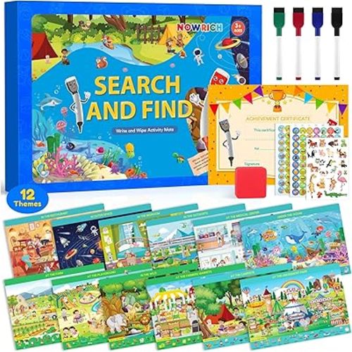 Search and Find Books for Kids Ages 3,4,5,6, Preschool Learning Activities, Educational Reusable Mats for Toddlers, Travel Game Toys for Road Trip Train, Art & Crafts, Birthday Gifts for Girl and Boy