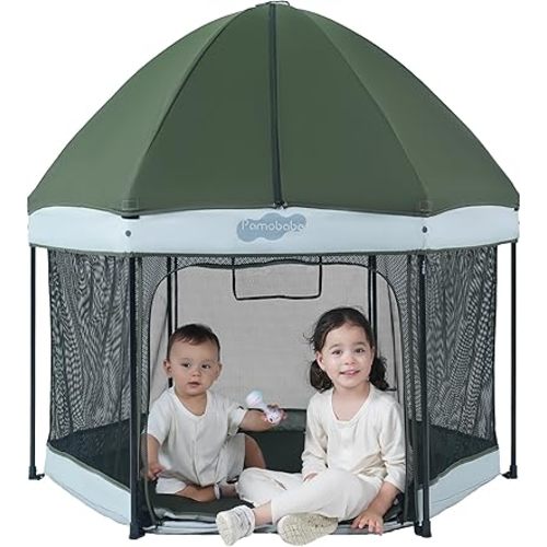 Pamo Babe Baby Playpen with Sun Protection Canopy - Indoor & Outdoor Play Yard for Babies and Toddlers - Baby Tent with Zipper Door