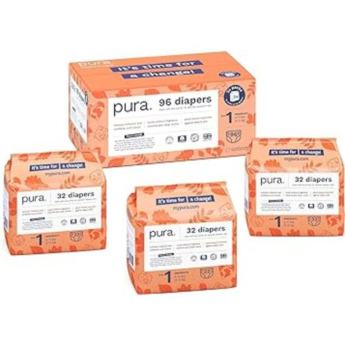 Pura Size 1 Eco-Friendly Diapers, Hypoallergenic, Soft Organic Cotton Comfort, Sustainable, Wetness Indicator Allergy UK, Recyclable Packaging, 96 Count