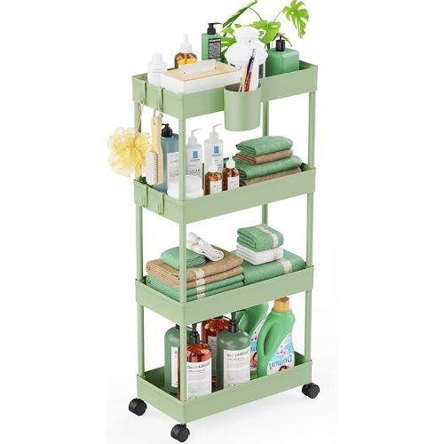 LEHOM Slim Rolling Storage Cart - 4 Tiers Bathroom Organizer Utility Cart Slide Out Storage Shelves Mobile Shelving Unit for Kitchen, Bedroom, Office, Laundry Room, Small Narrow Spaces, Green