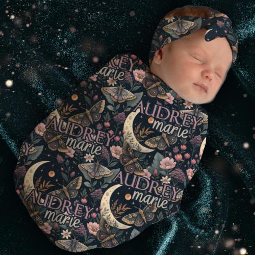 Goth Moth and Florals Swaddle Blanket, Goth Baby Swaddle, Witchy Luna Moths Blanket + Headband or Hat, Heavy Metal Baby