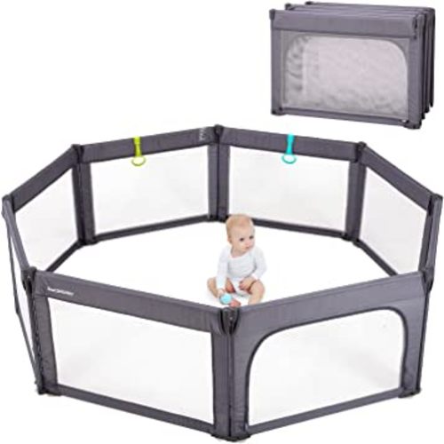 Doradotey Baby Playpen, Shape Adjustable Large & Small Baby Playard for Babies and Toddlers, Foldable Playpen Baby Fence Indoors Play Center Yards, Breathable Mesh Anti-Fall Play Pens(71x79 Deep Grey)