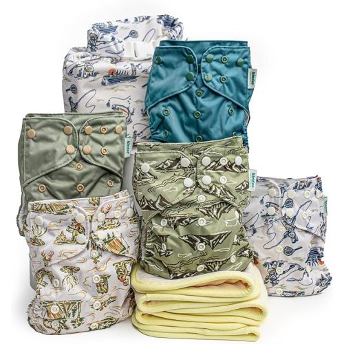 Kinder Cloth Diapers Set of 5 Reusable Baby Diapers Pocket Style Athletic Wicking Jersey, Bamboo Viscose Inserts, Wet Bag, Newborn to Potty Training 7-60lbs, One Size (Great Outdoors)