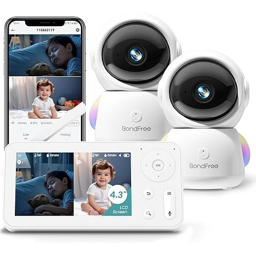 BondFree 2K Baby Monitor with 2 Cameras and Audio, Baby Monitor no WiFi RGB Night Light, Baby Monitor WiFi Smartphone 2.4G for Nursery, Pet, Elderly, 355° Rotation, Work with Alexa Google Home