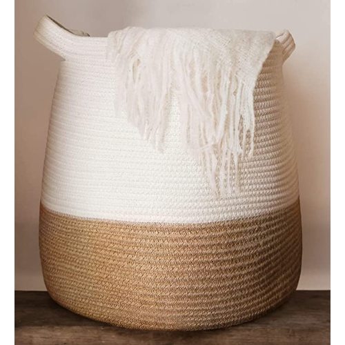 GooBloo Large Cotton Rope Woven Basket - 17 x 17” Tall Decorative Storage Basket for Living Room, Toys or Blankets - Wicker Baskets with Handles, Blanket Basket - Cute Baby Laundry Hamper