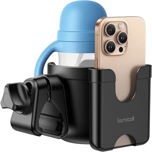 Stroller Cup Holder with Phone Holder - Lamicall 2-in-1 Stable Anti-Slip Stroller Accessories Phone Holder for Uppababy, Doona, Nuna, Jogger, Britax, Bugaboo, Walker, Bike, Scooter, Wheelchair