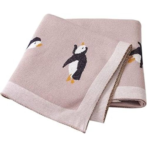 mimixiong 100% Cotton Knitted Baby Blanket Toddler Swaddling Blanket for Newborn Baby with Cute Penguin Pattern Pink Size 30 x 40 inches