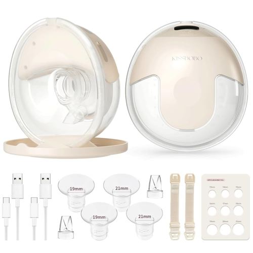 KISSBOBO Wearable Breast Pump, Hands Free Breast Pump with 320mmHg Strong Suction, 19 Levels 4 Modes, Leak-Proof Design, Painless & Low Noise Less than 40 dB, Portable Electric with 19/21/24mm Flanges - Ideal for Home, Office & Travel (Beige, 2 Pack)
